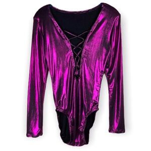 Y2K Metallic Pink Leotard Bodysuit Long Sleeve Lace Up Front Rave Festival